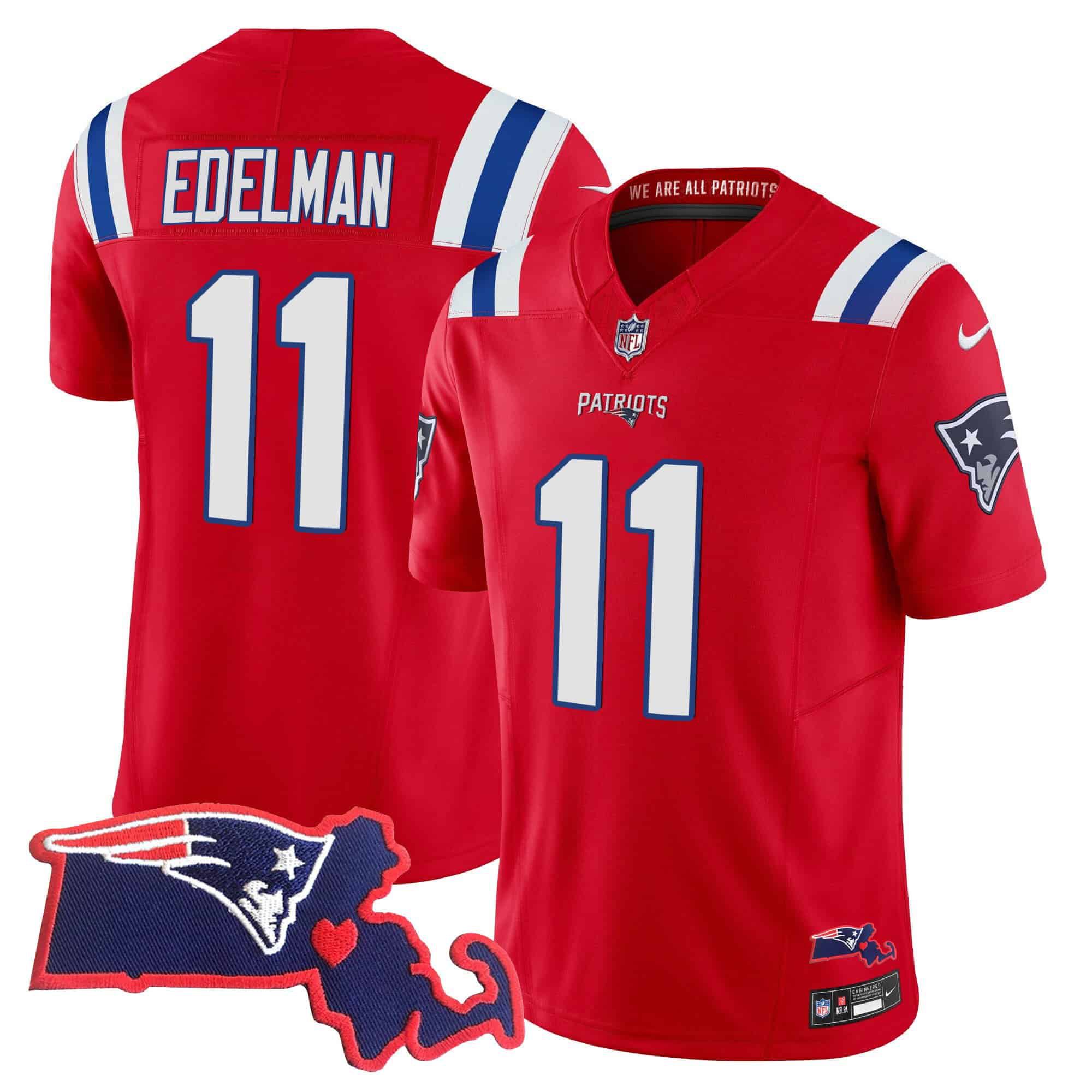 Men New England Patriots 11 Edelman Red 2024 Nike Patch Vapor Limited NFL Jersey
